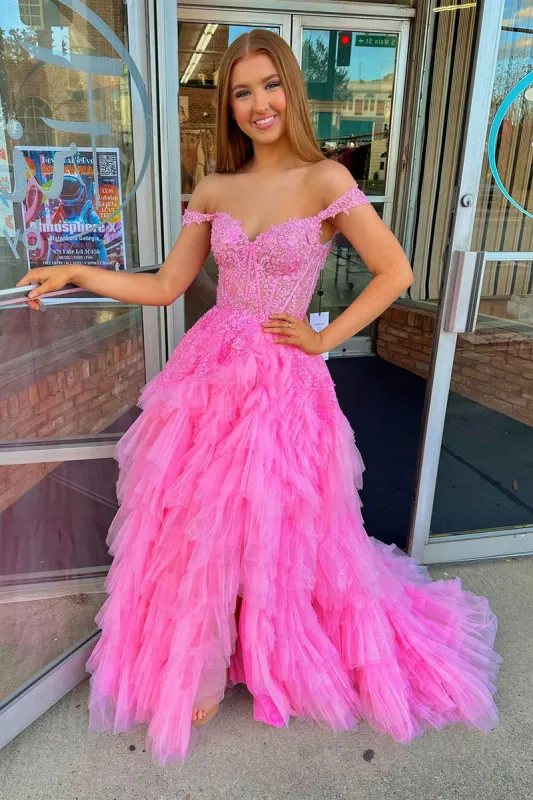 Off-the-Shoulder Pink Ruffle Tulle Long Prom Dress with Appliques sold by KissProm
