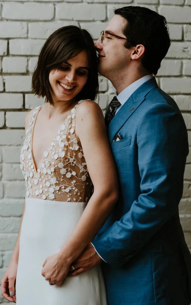 A-Line Satin Simple V-neck Wedding Dress With Low-V Back And Appliques sold by KissProm product image thumbnail 3