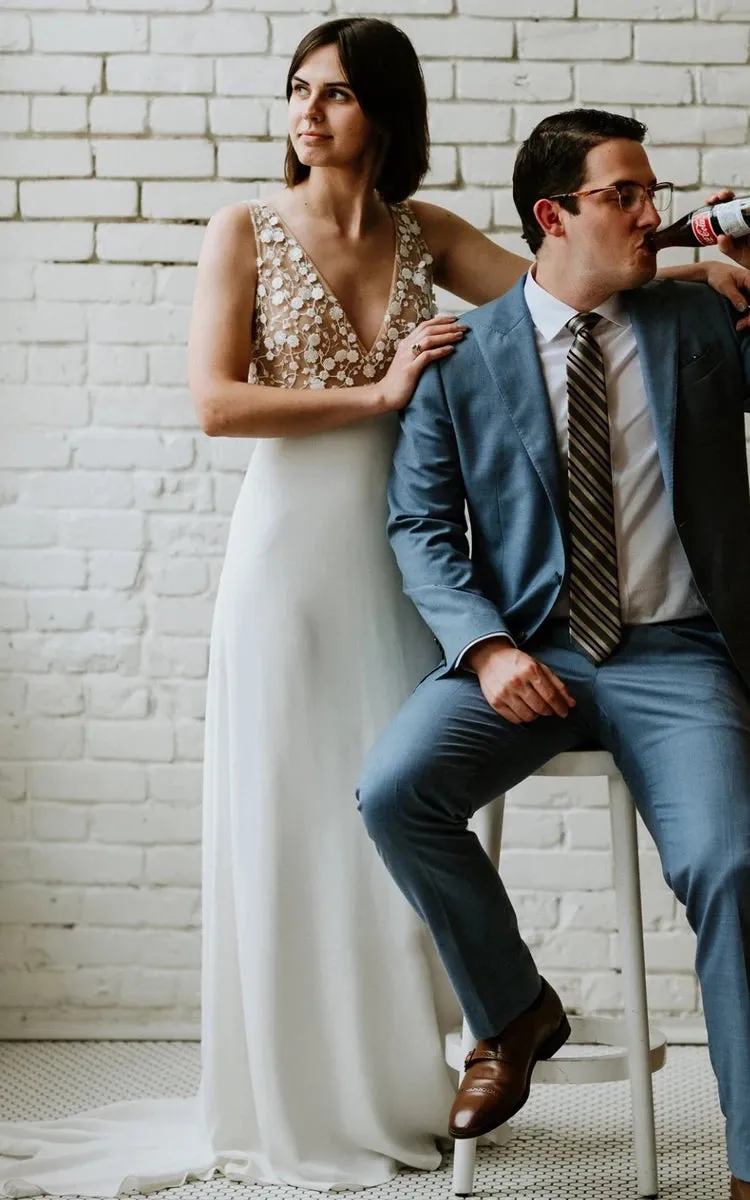 A-Line Satin Simple V-neck Wedding Dress With Low-V Back And Appliques sold by KissProm product image thumbnail 4