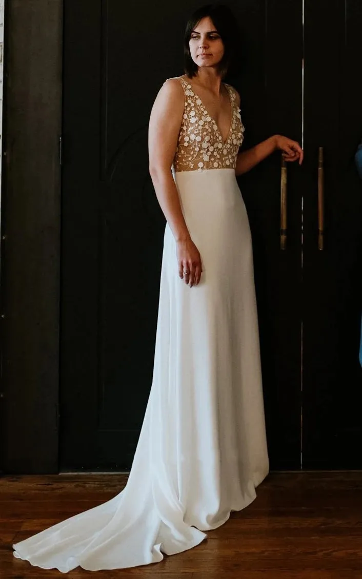 A-Line Satin Simple V-neck Wedding Dress With Low-V Back And Appliques sold by KissProm product image thumbnail 2