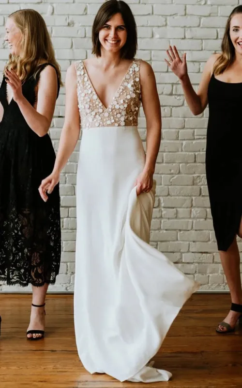 A-Line Satin Simple V-neck Wedding Dress With Low-V Back And Appliques sold by KissProm