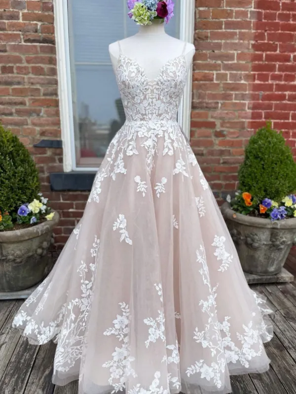 Champagne V Neck Lace Tulle Long Wedding Dress With Lace-Up Back sold by KissProm