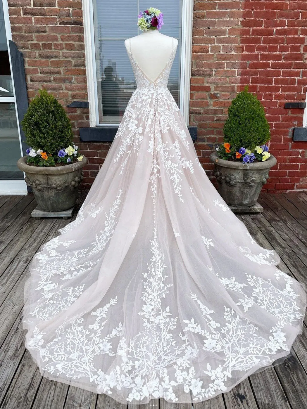 Champagne V Neck Lace Tulle Long Wedding Dress With Lace-Up Back sold by KissProm product image thumbnail 2