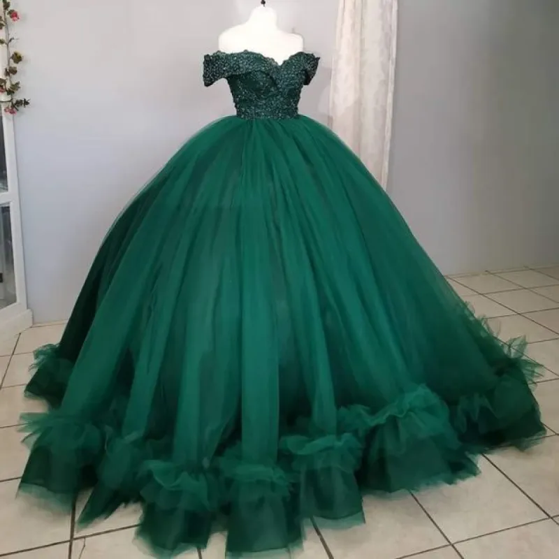 Off The Shoulder Green Ball Gown Quinceanera Dresses with Train sold by KissProm