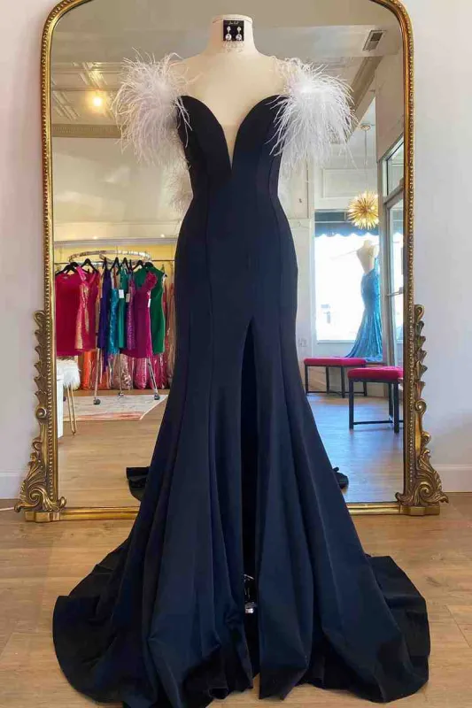Sophia | Long Black High Slit Prom Dress with White Feather sold by KissProm