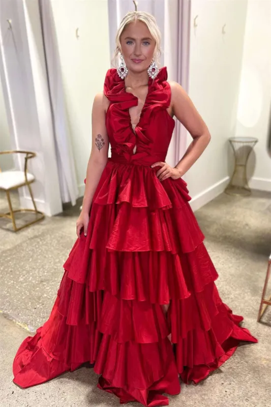 Flora | Halter Red Ruffle Tiered A-Line Prom Dress sold by KissProm