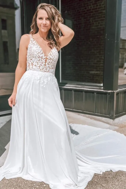 White Appliques Plunge V Open Back Long Wedding Dress sold by KissProm
