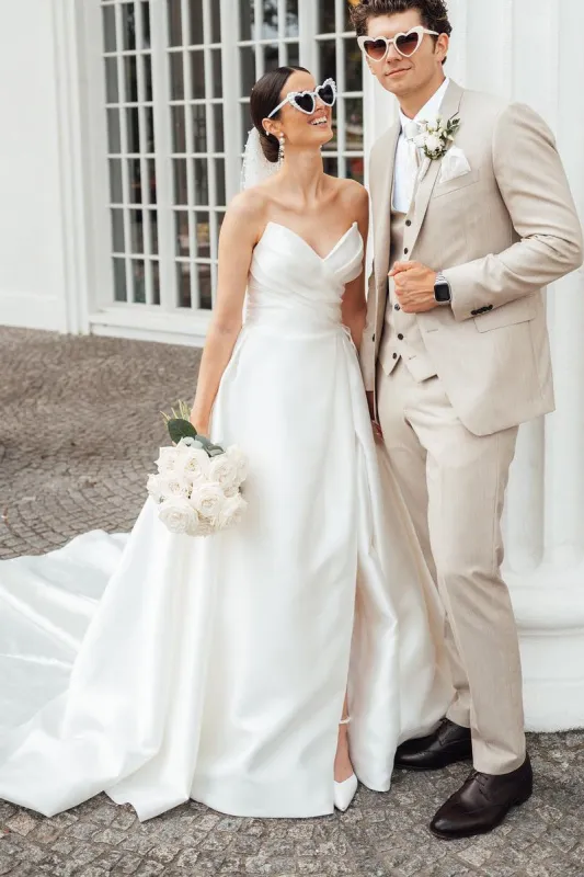 Elegant A-Line Strapless White Satin Wedding Dresses With Slit sold by KissProm