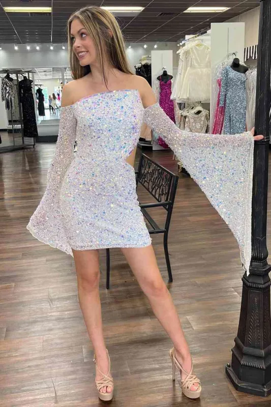 Fitted Sequins White Long Sleeves Short Homecoming Dress sold by KissProm