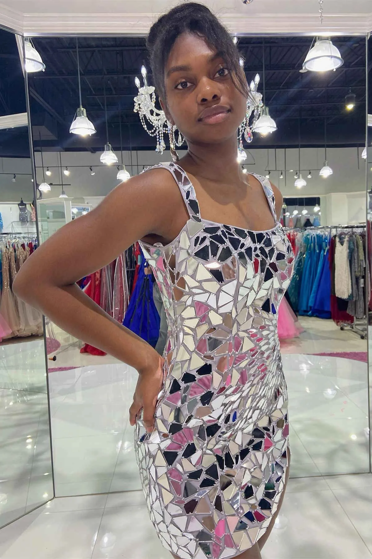 Luz | Square Neck Silver Cut Mirror Sequin Bodycon Homecoming Dress sold by KissProm product image thumbnail 5