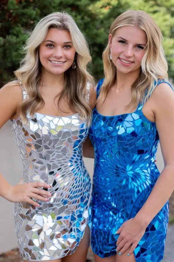 Luz | Square Neck Silver Cut Mirror Sequin Bodycon Homecoming Dress sold by KissProm