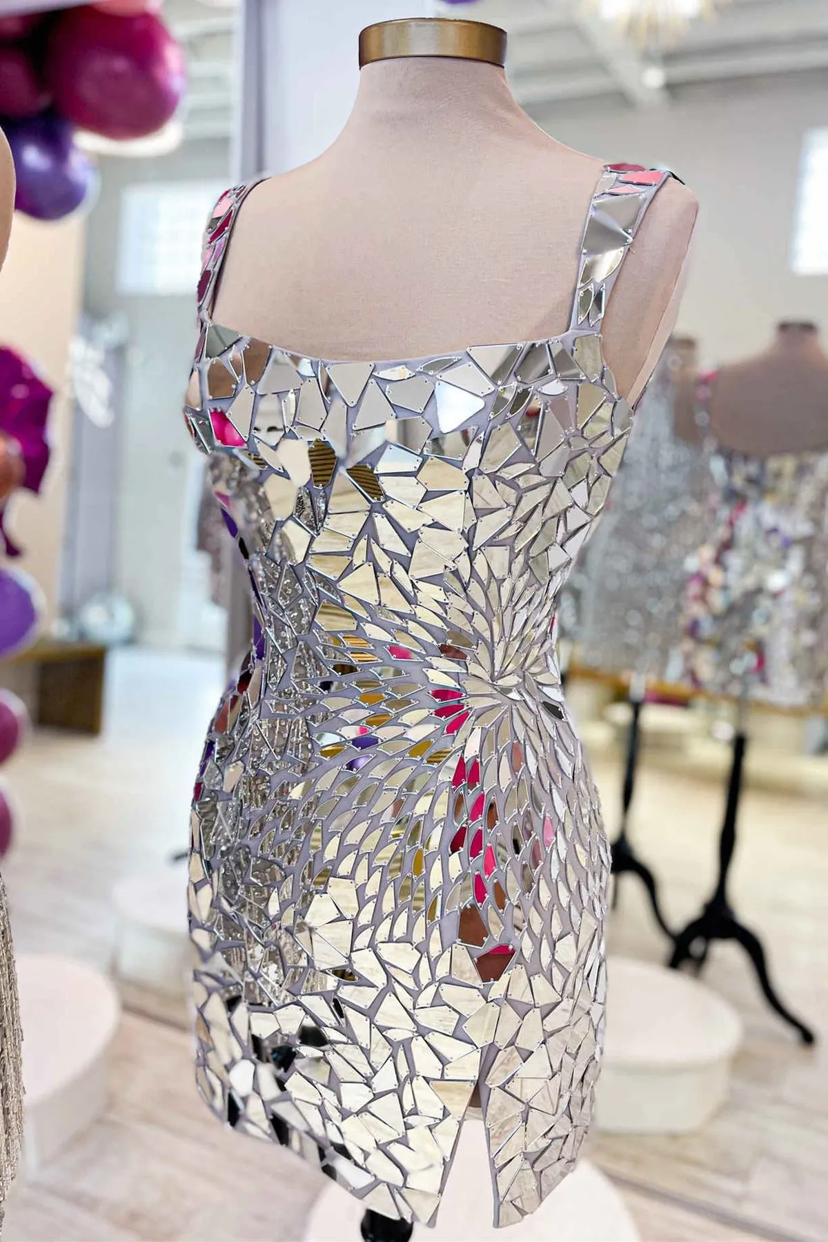 Luz | Square Neck Silver Cut Mirror Sequin Bodycon Homecoming Dress sold by KissProm product image thumbnail 4