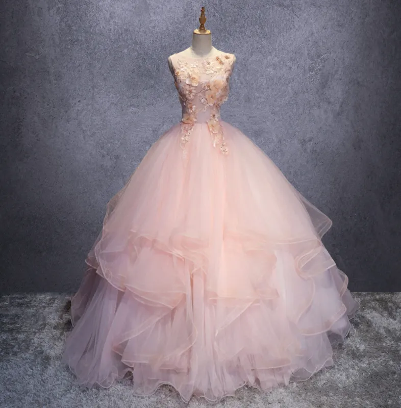 Pink A Line Organza Floor-Length Prom Dress with Appliqued sold by KissProm