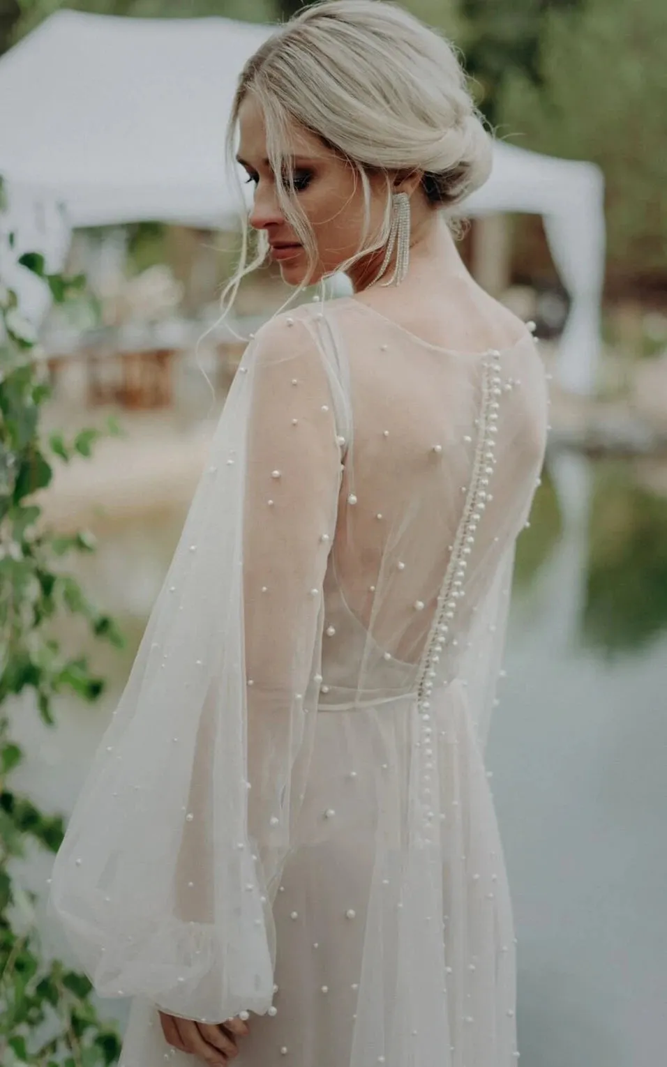 Franceska | Simple Modest A-Line Long Sleeve Tulle Elopement Illusion Wedding Dress with Pearl sold by KissProm product image thumbnail 2