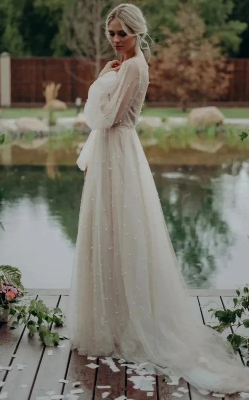 Franceska | Simple Modest A-Line Long Sleeve Tulle Elopement Illusion Wedding Dress with Pearl sold by KissProm
