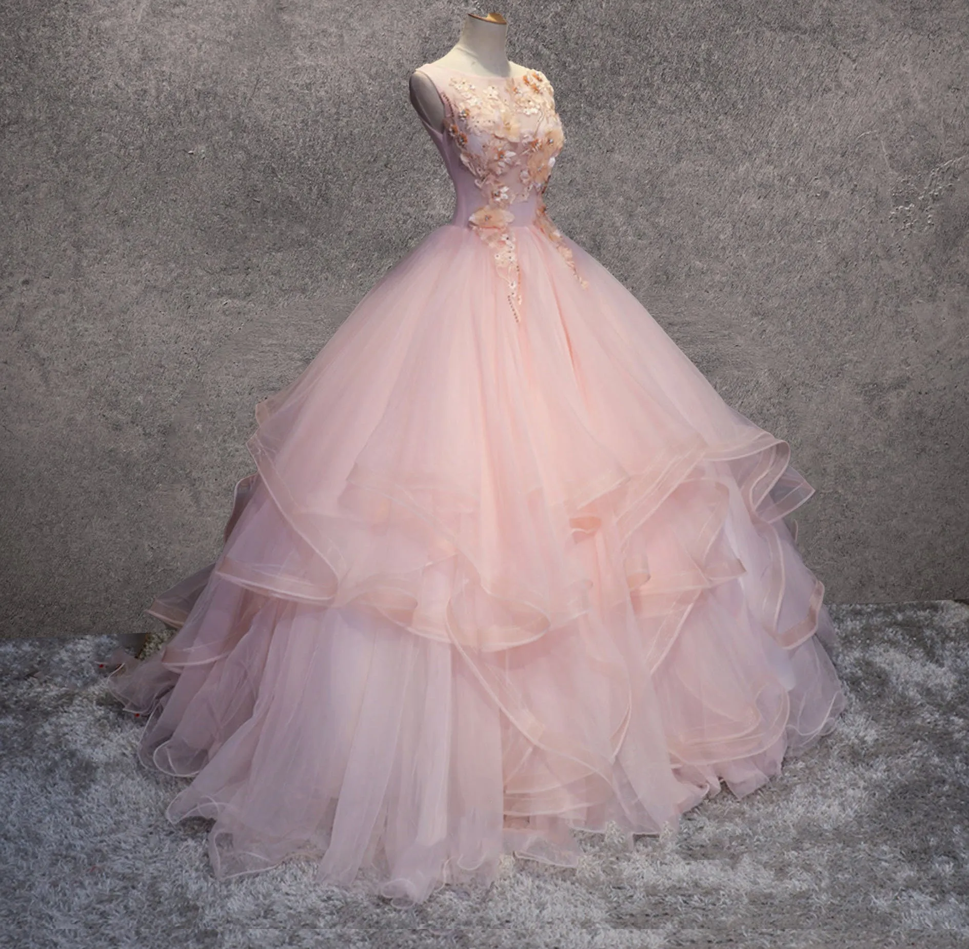 Pink A Line Organza Floor-Length Prom Dress with Appliqued sold by KissProm product image thumbnail 2