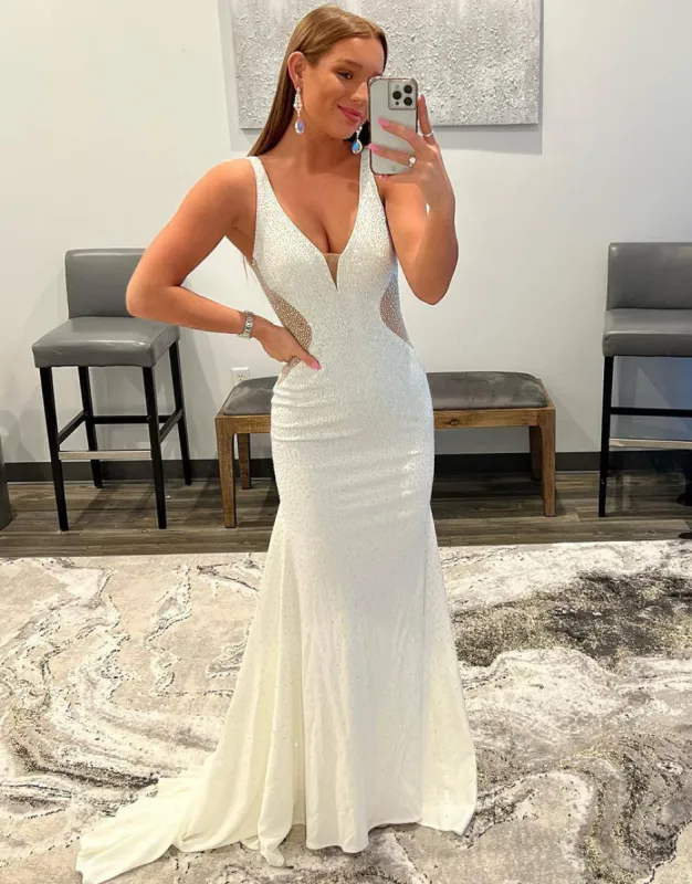 Tonya | White Mermaid V-Neck Beaded Long Prom Dress sold by KissProm