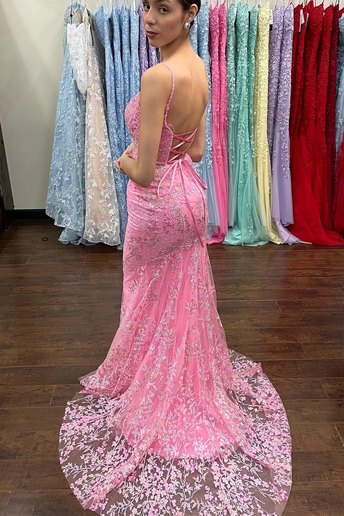 Azariah | Mermaid Pink Lace Appliques Long Prom Dress sold by KissProm product image thumbnail 2
