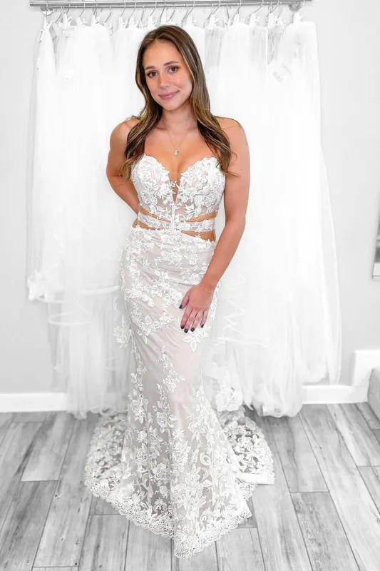 Elegant Mermaid Strapless Lace Appliques Wedding Dresses sold by KissProm