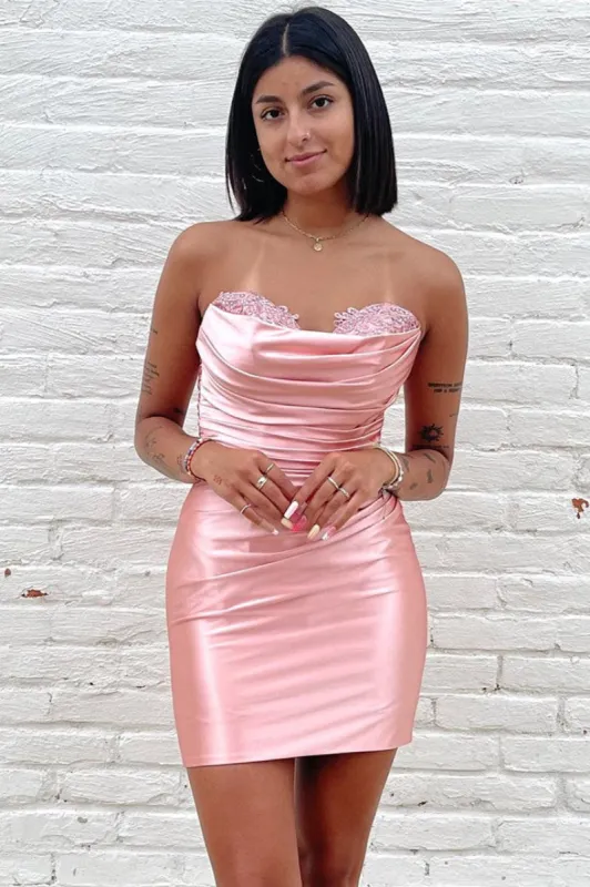 Mendy | Pink Strapless Ruched Bodycon Homecoming Dress sold by KissProm