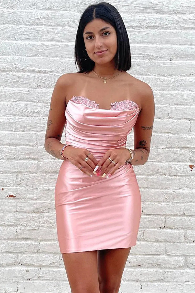 Mendy | Pink Strapless Ruched Bodycon Homecoming Dress sold by KissProm
