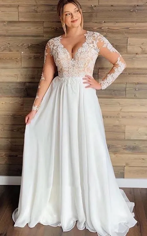 Mature Floral Long Sleeve A-Line Lace Wedding Dress sold by KissProm