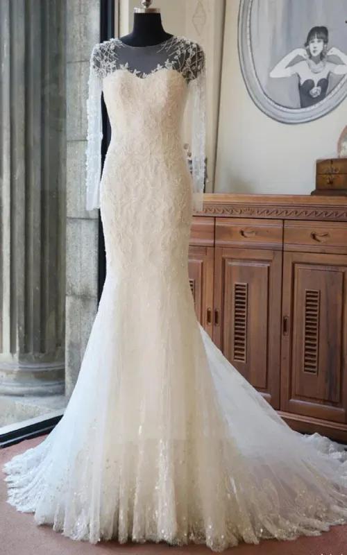 Mermaid Maxi Long Sleeve Beading Flower Tulle Lace Wedding Dress sold by KissProm