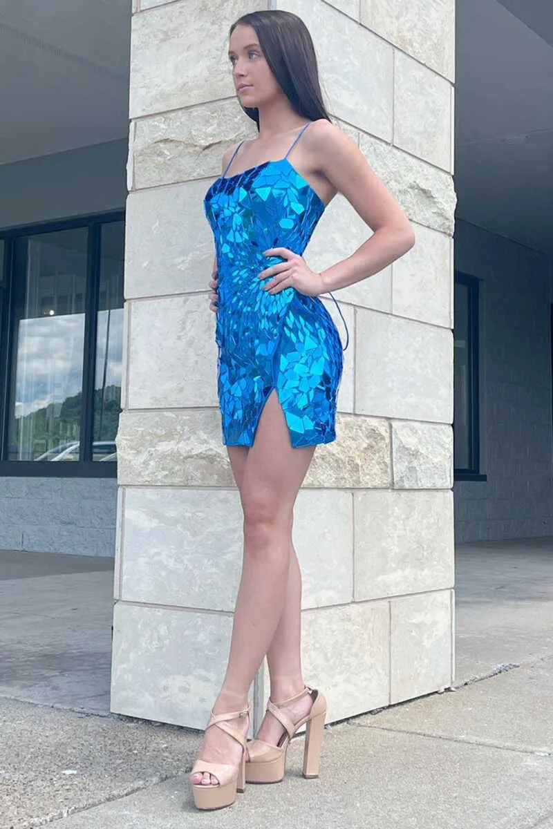 Elva | Blue Cut Glass Mirror Straps Mini Homecoming Dress with Slit sold by KissProm product image thumbnail 2