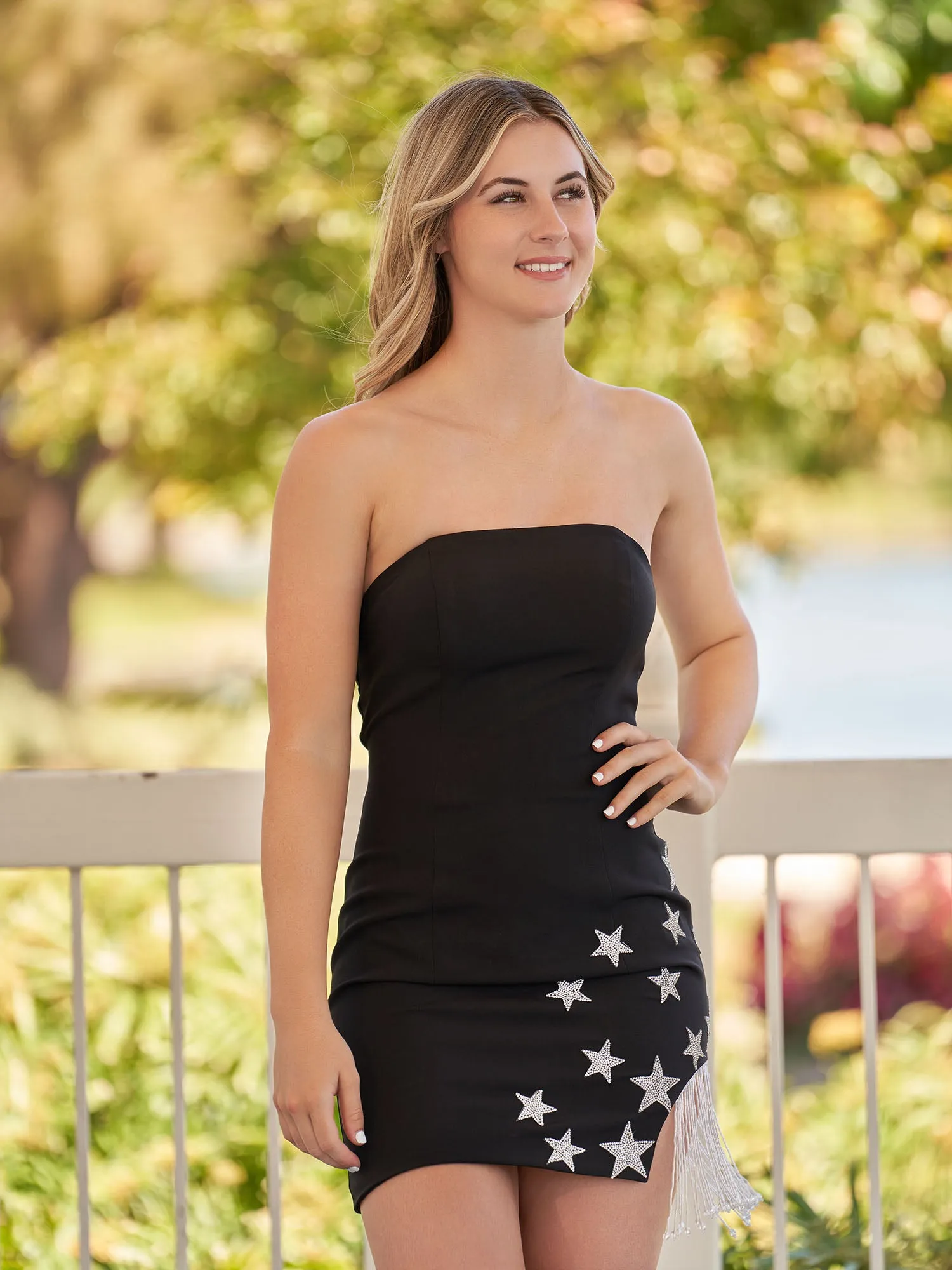 Helene |Sheath Black Strapless Satin Homecoming Dress With Star sold by KissProm product image thumbnail 5