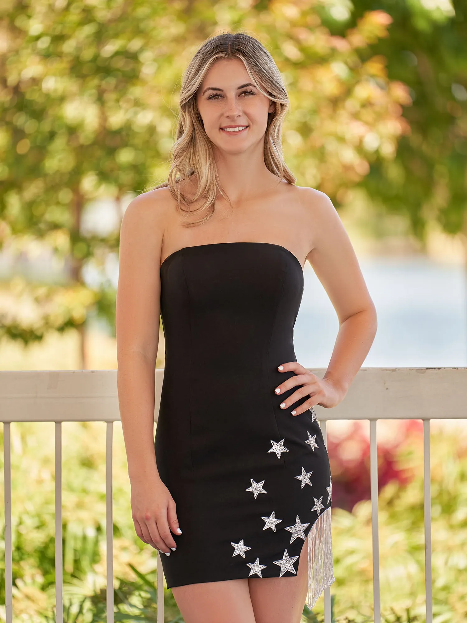 Helene |Sheath Black Strapless Satin Homecoming Dress With Star sold by KissProm