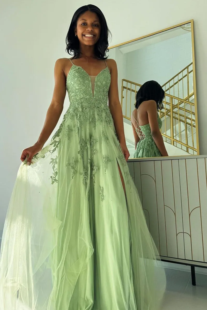 Sage Green V Neck Tulle A-Line Long Prom Dresses with Appliques sold by KissProm product image thumbnail 2