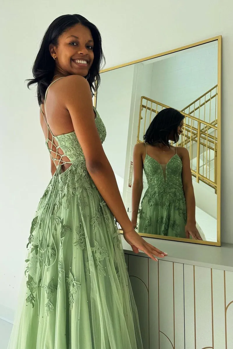 Sage Green V Neck Tulle A-Line Long Prom Dresses with Appliques sold by KissProm product image thumbnail 4