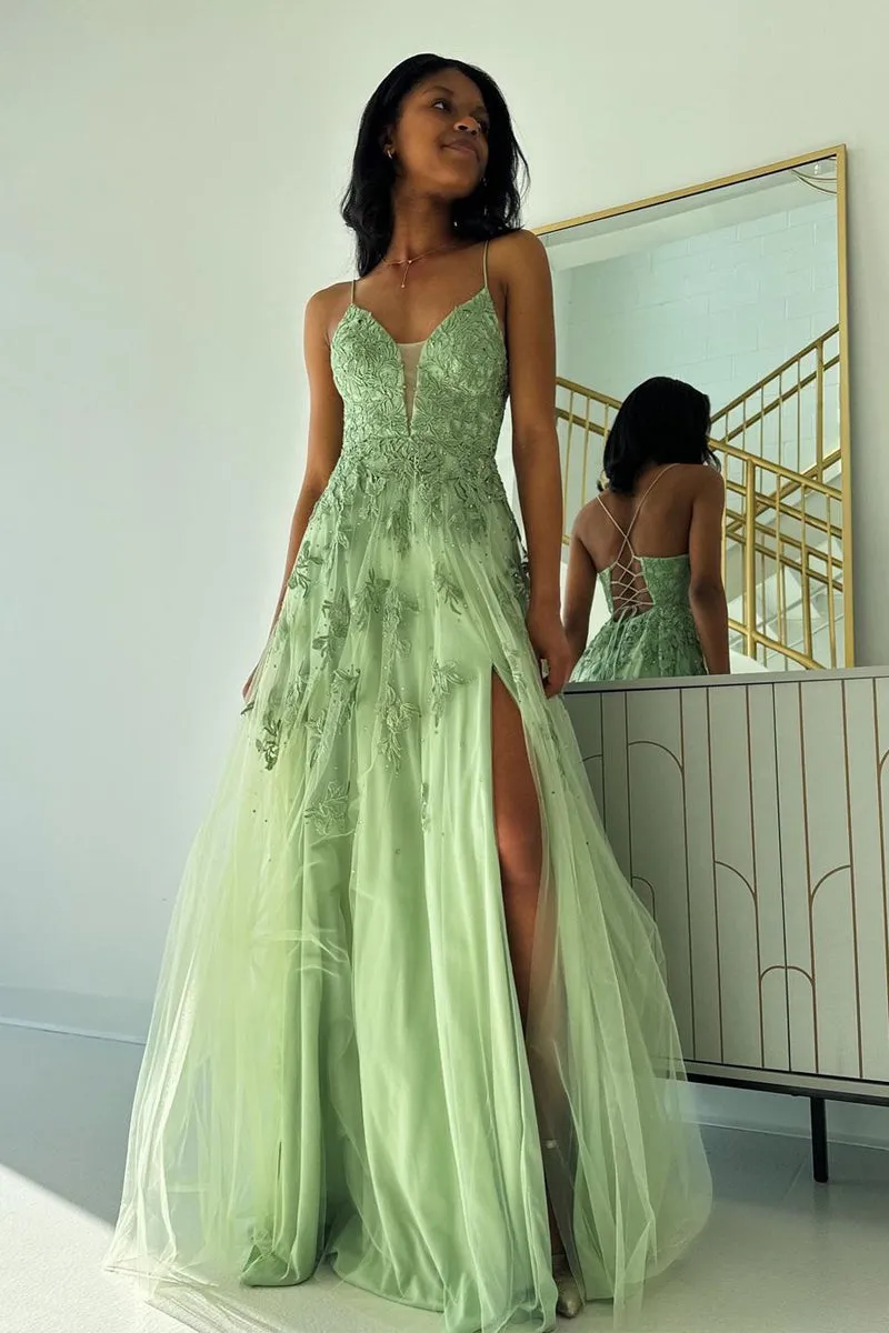 Sage Green V Neck Tulle A-Line Long Prom Dresses with Appliques sold by KissProm