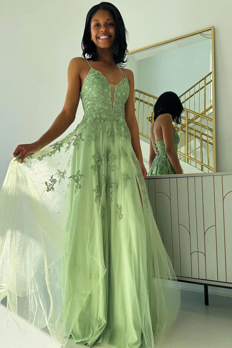 Sage Green V Neck Tulle A-Line Long Prom Dresses with Appliques sold by KissProm product image thumbnail 3