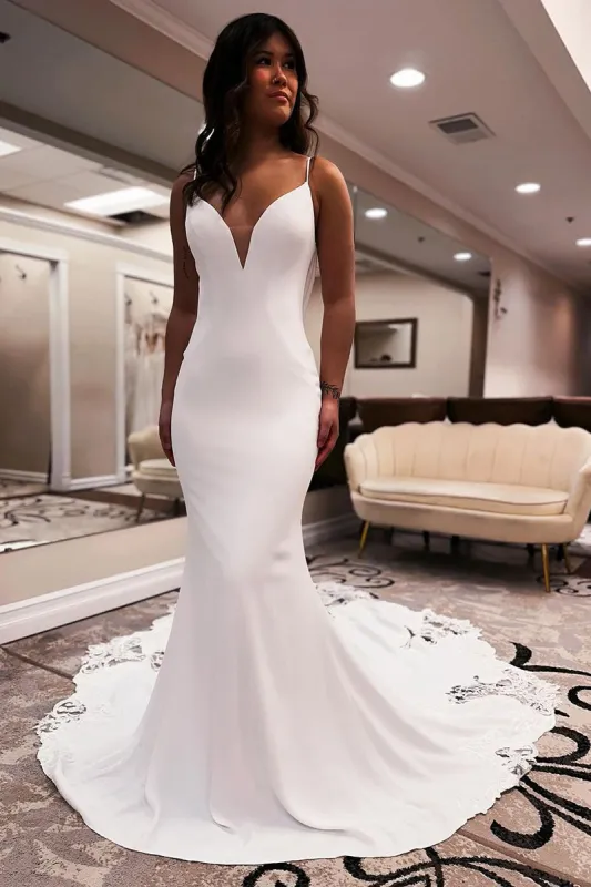 Unique Mermaid V Neck Satin Wedding Dress with Appliques sold by KissProm