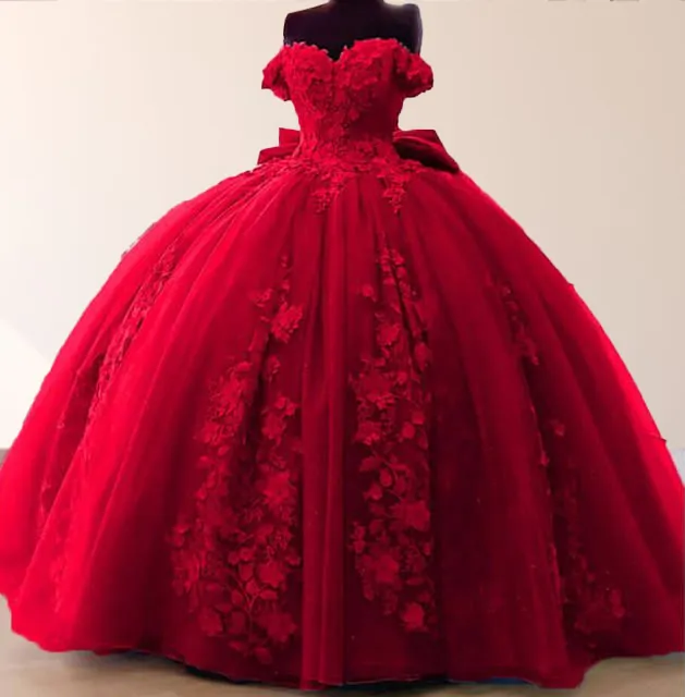 Big Bow Floral Flower Lace Applique Off Shoulder Ball Gown Quinceanera Dresses sold by KissProm