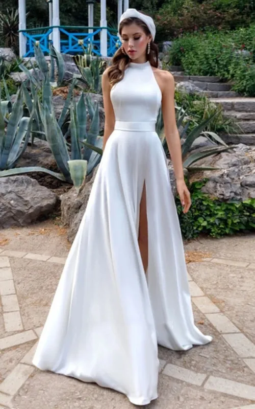 Simple Modest A-Line Halter Maxi Wedding Dress sold by KissProm