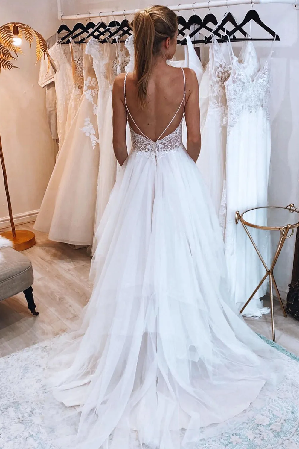 Ashlynn | Ivory A-Line Backless Tulle Long Wedding Dress with Appliques sold by KissProm product image thumbnail 2