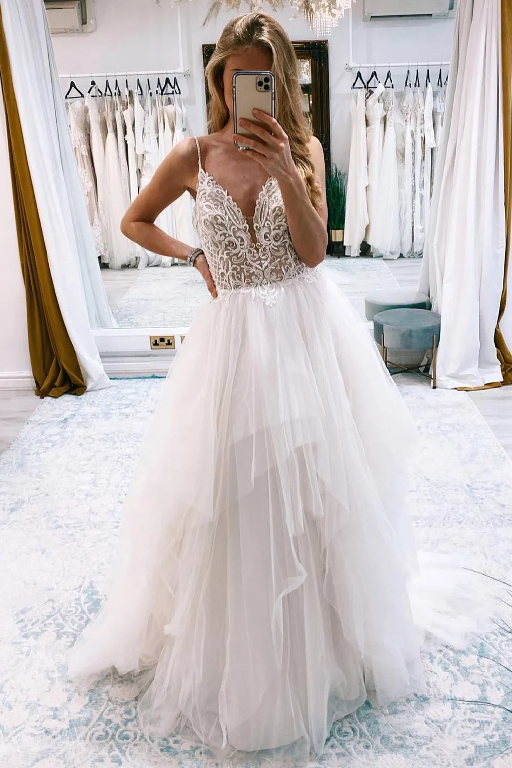 Ashlynn | Ivory A-Line Backless Tulle Long Wedding Dress with Appliques sold by KissProm