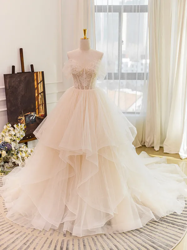 Vivienne | Champagne Tulle Lace Wedding Dress With Sweep Train sold by KissProm