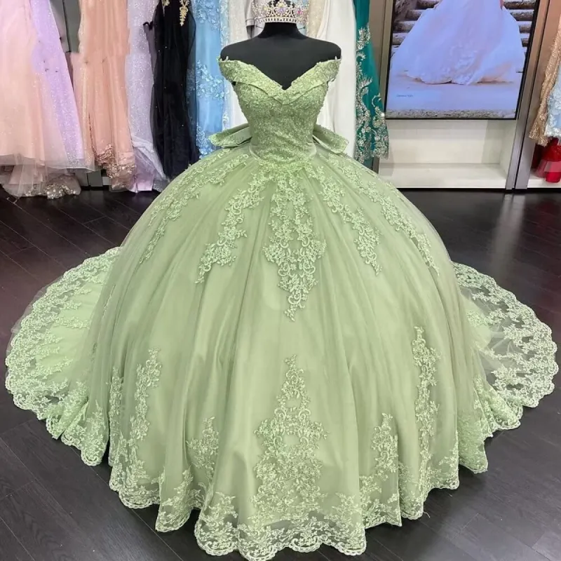 Lace Sage Green Applique Off Shoulder Quinceanera Dresses sold by KissProm