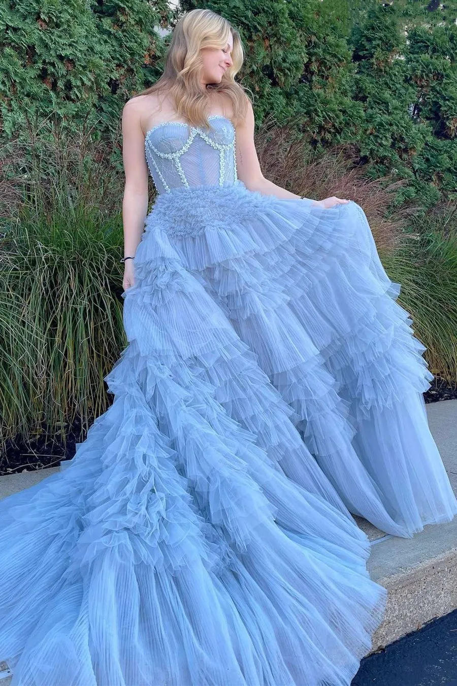 Jazlyn |Princess A-line Strapless Tiered Tulle Prom Dress sold by KissProm