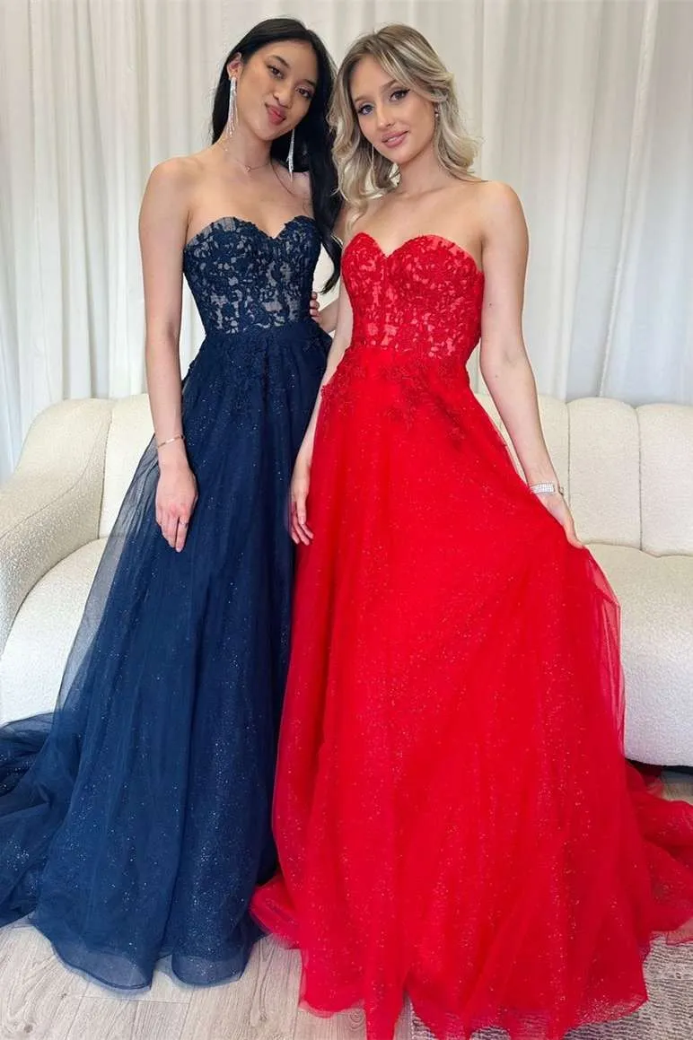 Red Strapless A-Line Long Prom Dress with Appliques sold by KissProm product image thumbnail 4
