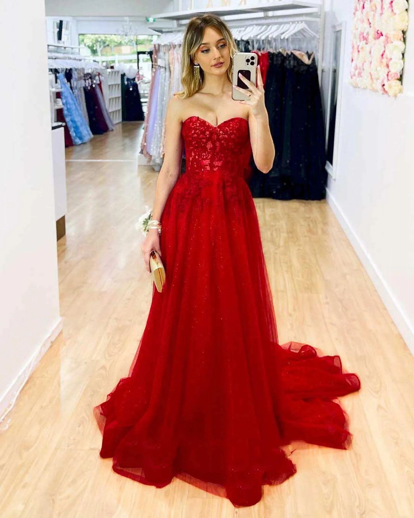 Red Strapless A-Line Long Prom Dress with Appliques sold by KissProm product image thumbnail 3