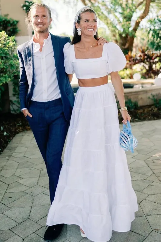 Genevieve | A Line Two Piece Square Neck Satin Long Wedding Dresses sold by KissProm