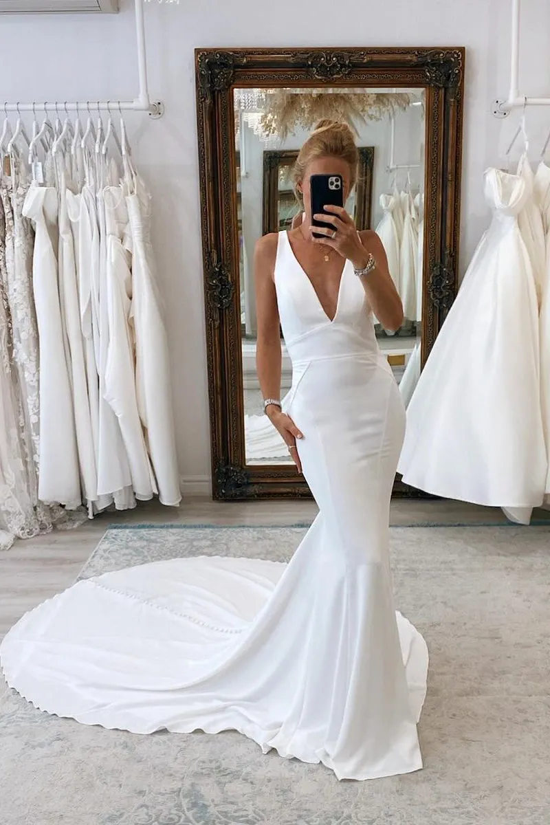 Simple Mermaid V Neck Satin White Wedding Dresses sold by KissProm