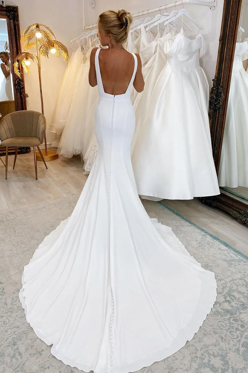 Simple Mermaid V Neck Satin White Wedding Dresses sold by KissProm product image thumbnail 2