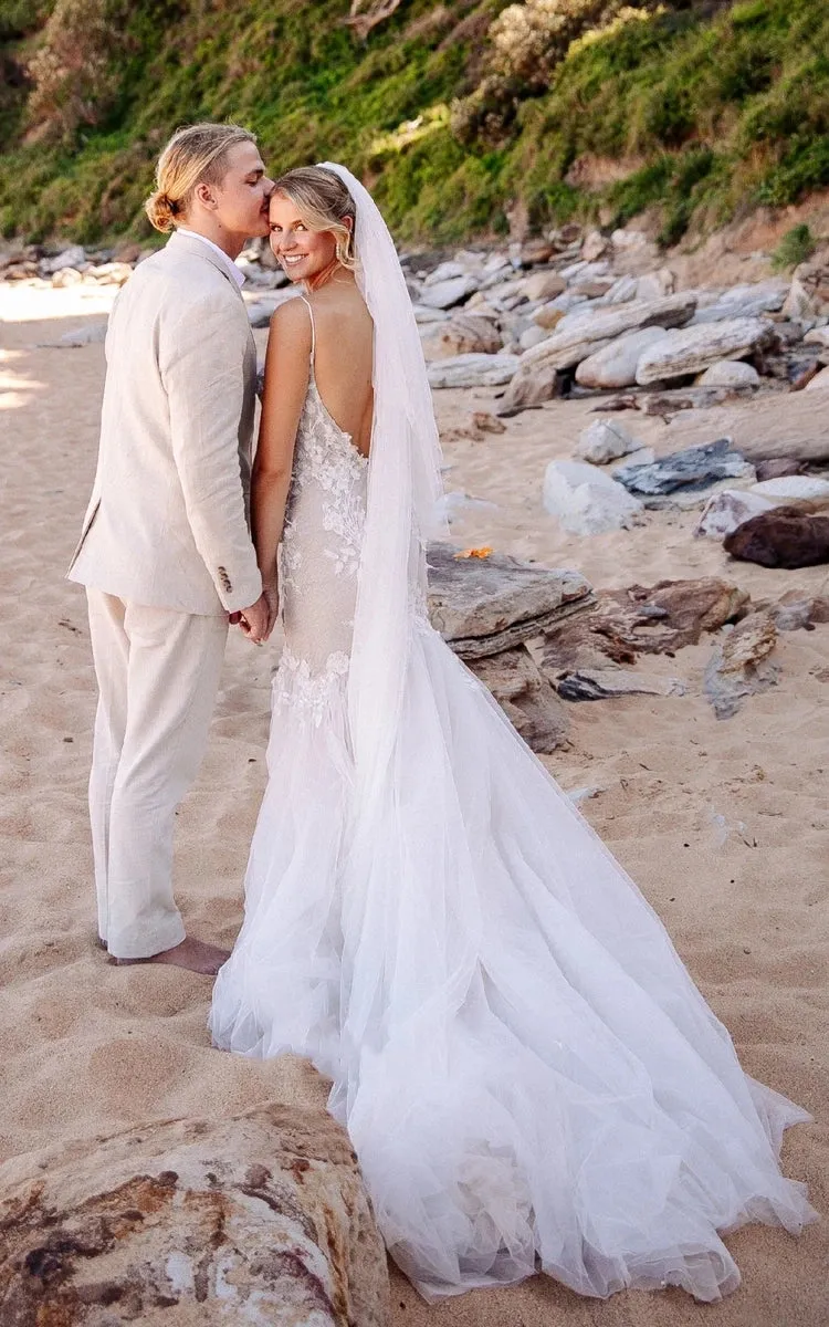 Beach Sexy Mermaid Lace Wedding Dress with Tull Court Train V-neck Open Back sold by KissProm product image thumbnail 4