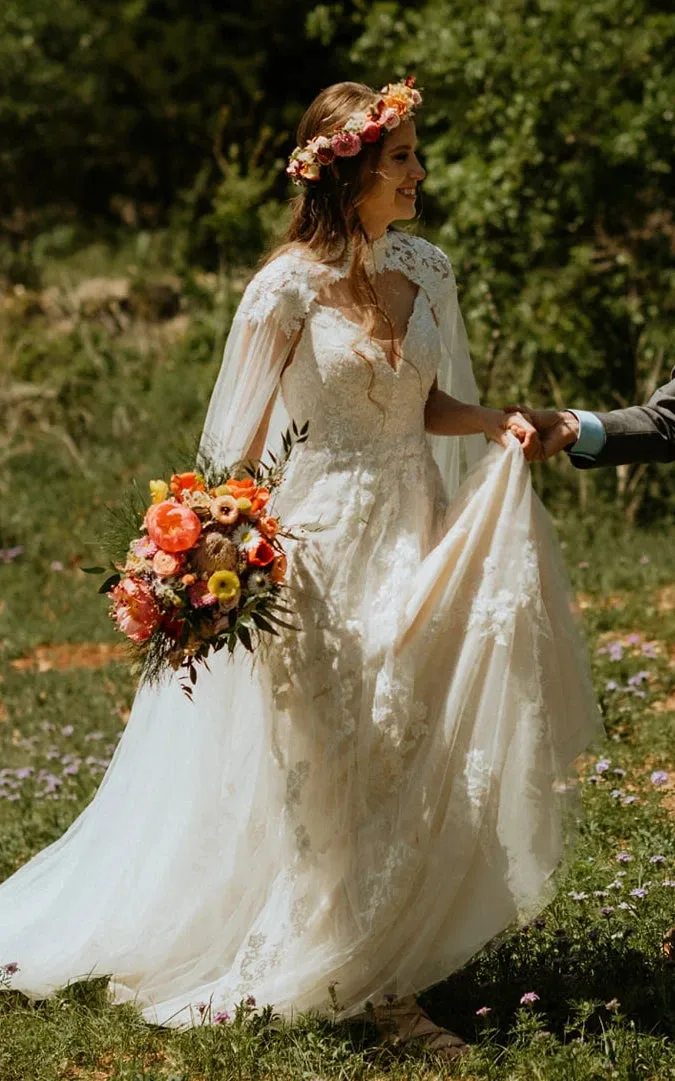 A-Line V-Neck Lace Modern Wedding Dress Short Sleeves With Appliques sold by KissProm