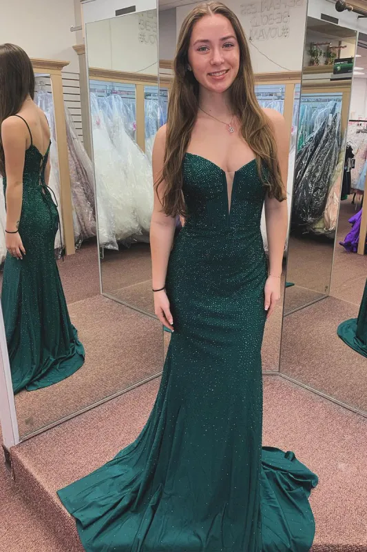 Dark Green Spaghetti Straps Beaded Mermaid Long Prom Dresses sold by KissProm